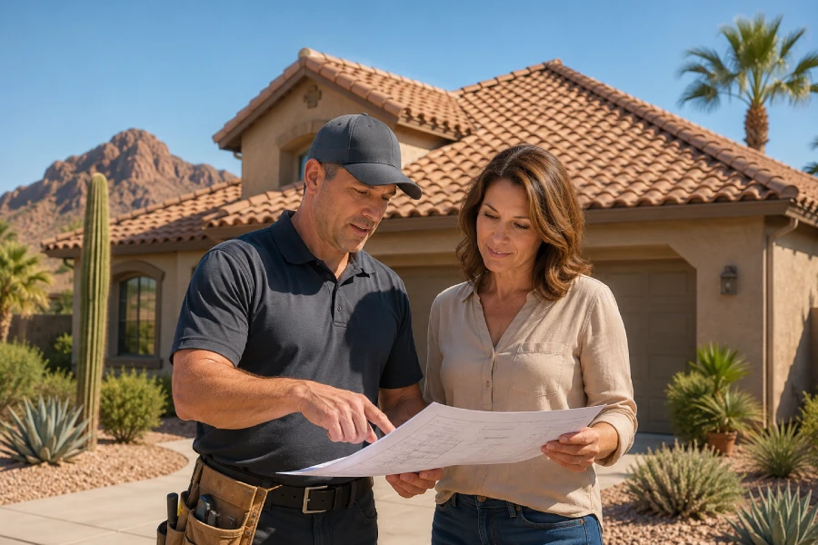 Roofing contractor explaining Phoenix roofing glossary terms to an Arizona homeowner beside a tile roof home